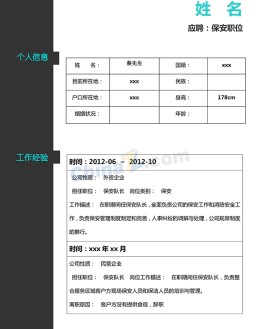 保安个人应聘求职简历表格模板_简介doc文档Word模板下载