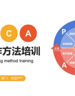 PDCA循环工作方法培训PPT课件模板。PDCA是英语单词Plan(计划)、Do(执行)、Check(检查)和Act(修正)的优品个字母,PDCA循环就是按照这